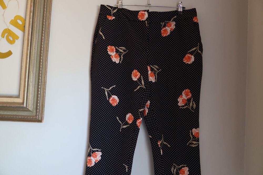 Cynthia Rowley Floral Polka Dot Ankle Pants Womens 12 Black Orange Trousers y2k
